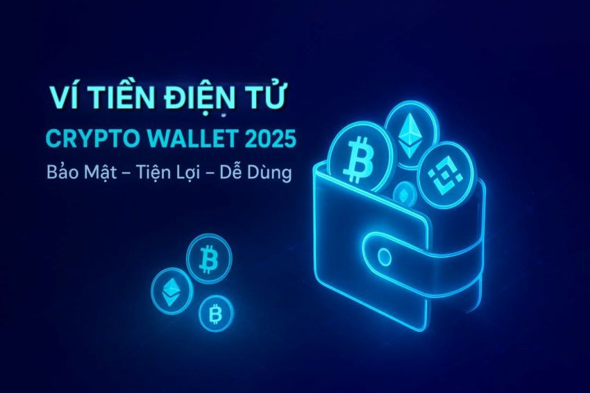 Hình ảnh ví tiền điện tử crypto wallet 2025, chứa biểu tượng Bitcoin, Ethereum và đồ thị tăng trưởng, màu nền xanh đen hiện đại